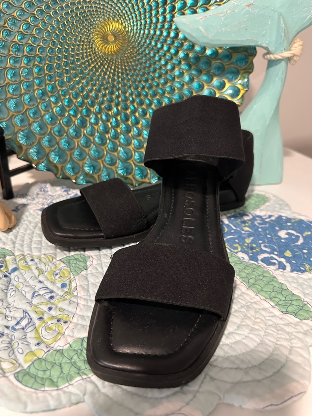 AEROSOLES Black Double-Band Square-Toe Slide Sandals